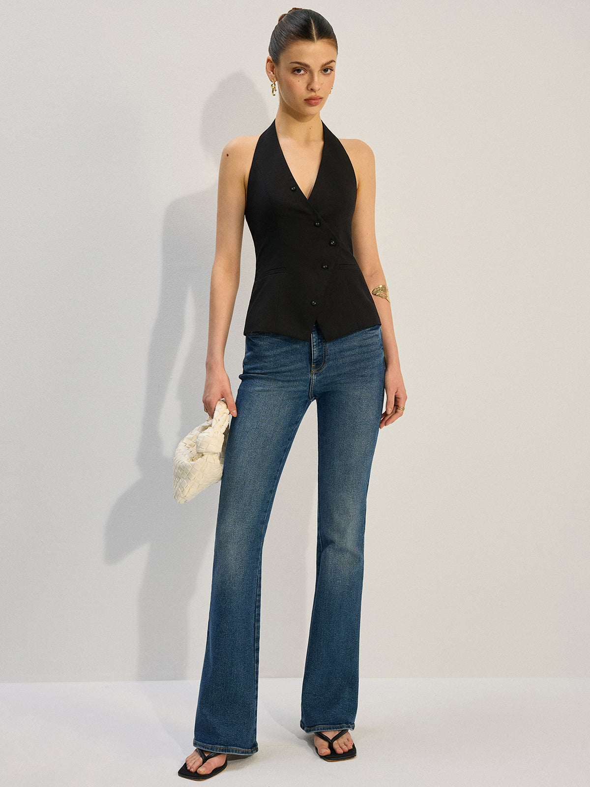 Halter Neck Asymmetric Buttoned Vest-Chicvia