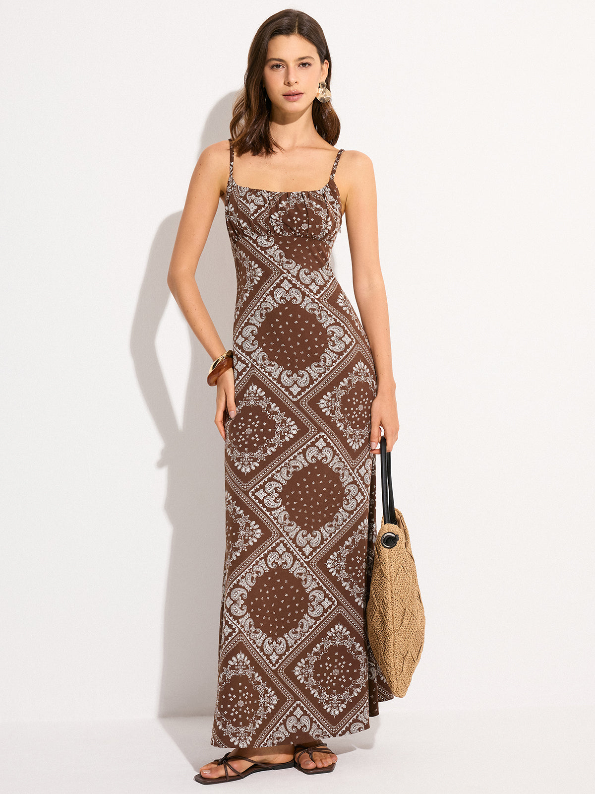 Paisley Print Spaghetti Strap Maxi Dress-Chicvia