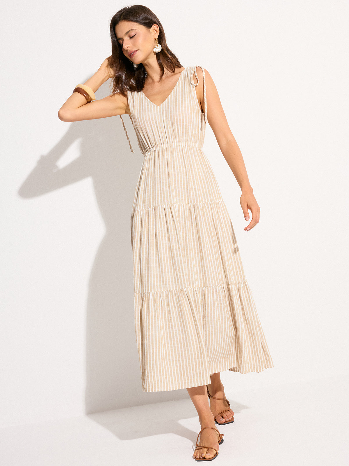 Pocketed Striped Linen & Cotton Tiered Maxi Dress-Chicvia