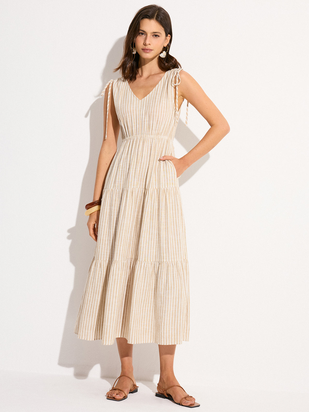 Pocketed Striped Linen & Cotton Tiered Maxi Dress-Chicvia