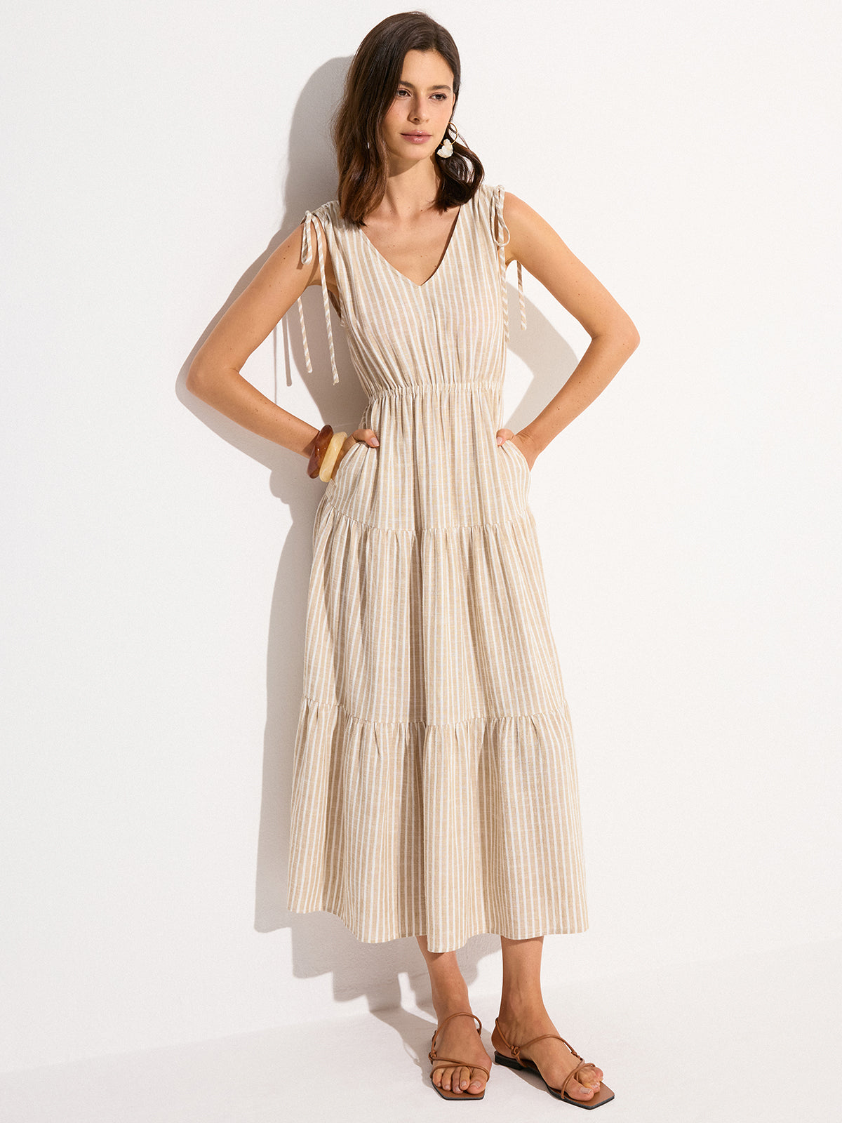 Pocketed Striped Linen & Cotton Tiered Maxi Dress-Chicvia