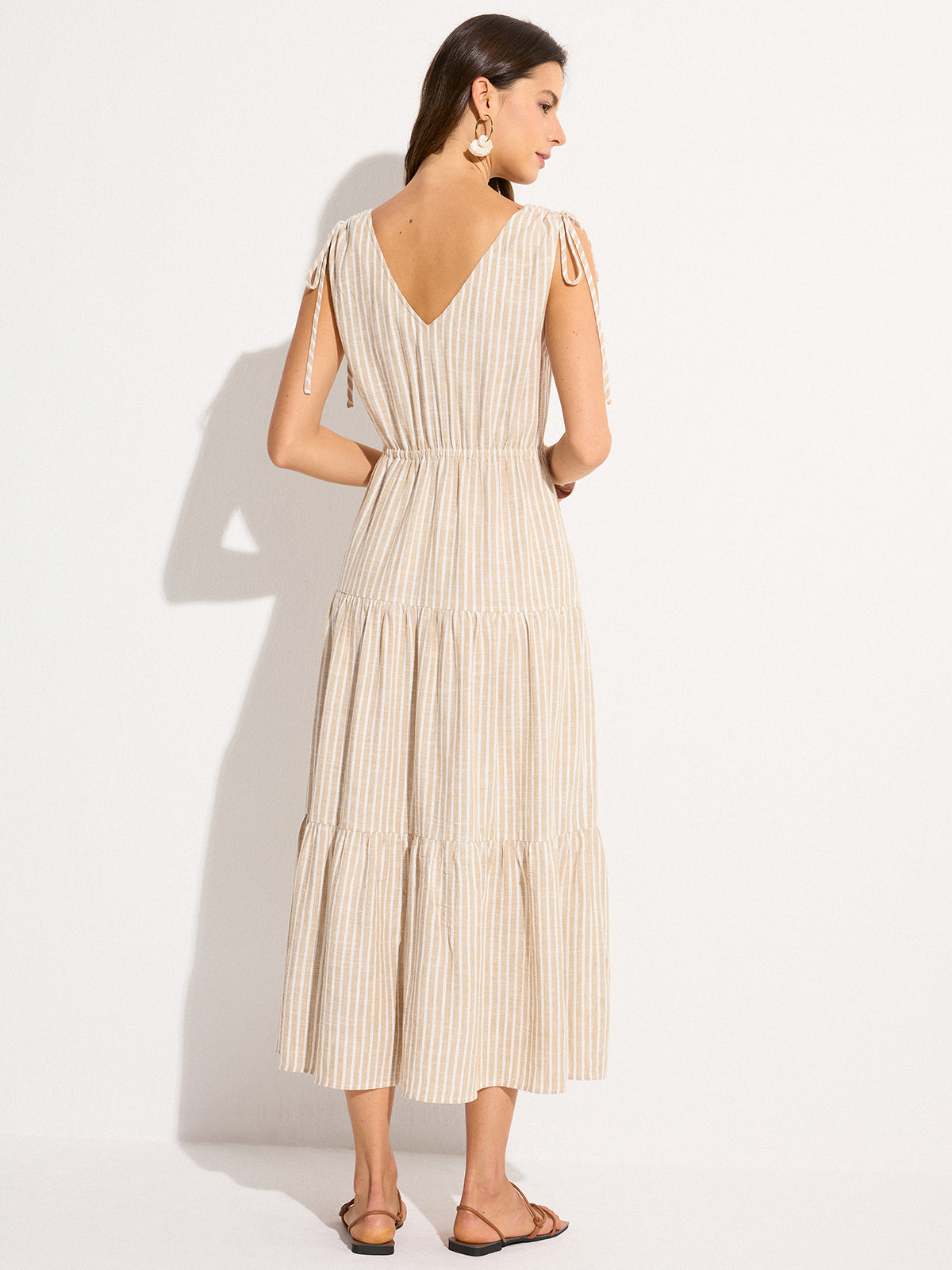 Pocketed Striped Linen & Cotton Tiered Maxi Dress-Chicvia