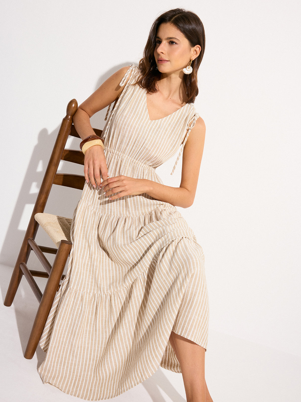 Pocketed Striped Linen & Cotton Tiered Maxi Dress-Chicvia
