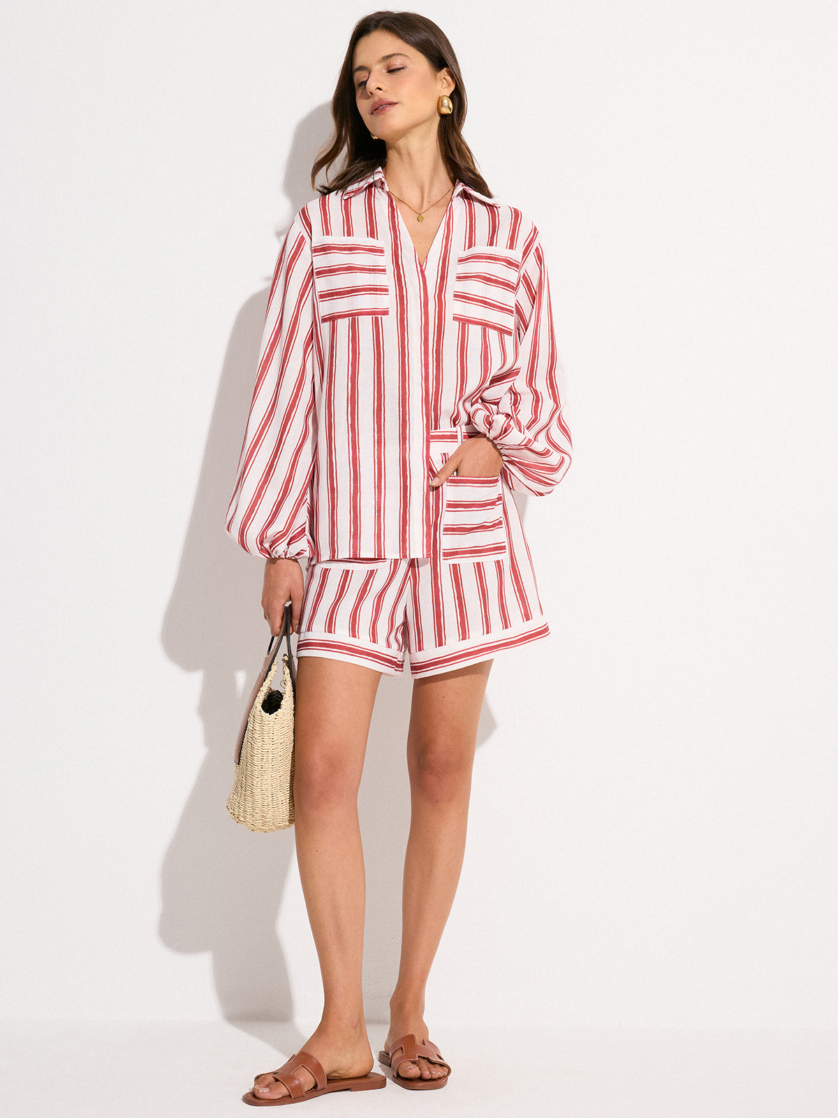 Pocketed Striped Shorts Set-Chicvia