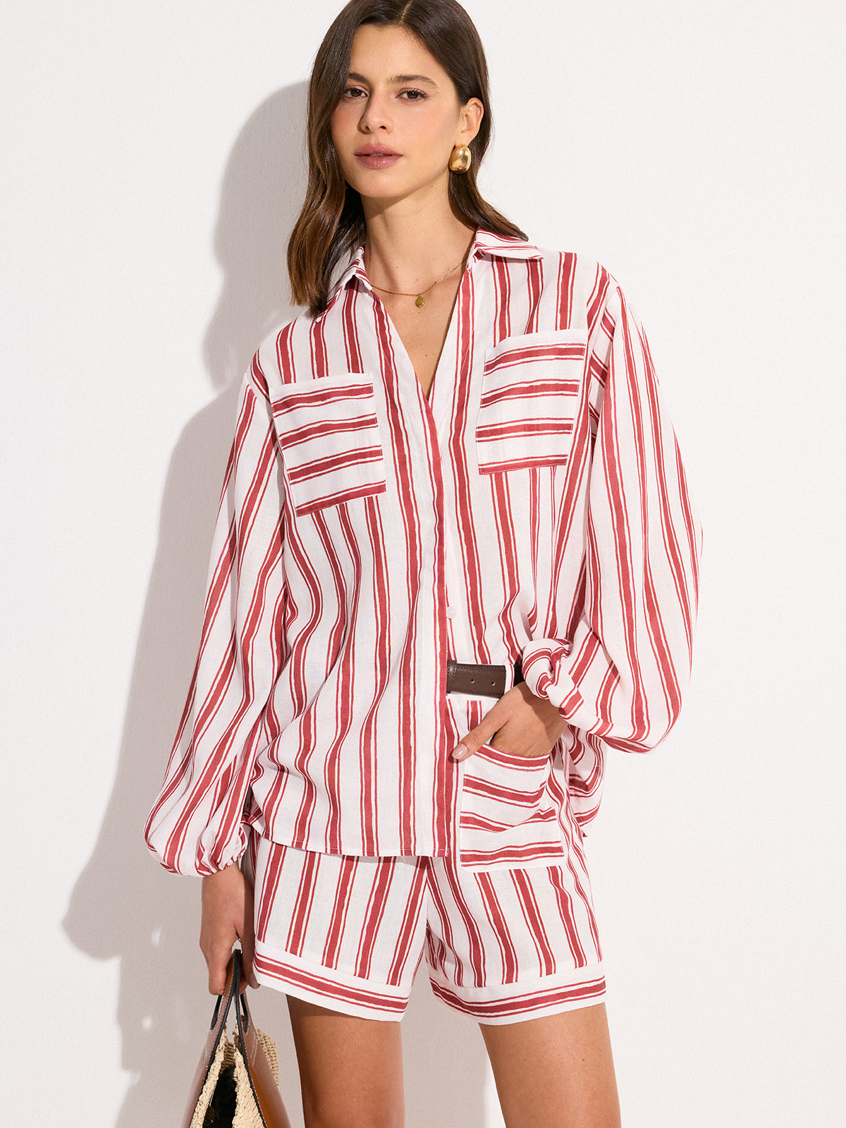 Pocketed Striped Shorts Set-Chicvia