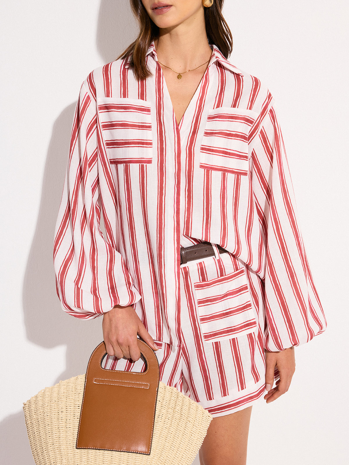 Pocketed Striped Shorts Set-Chicvia