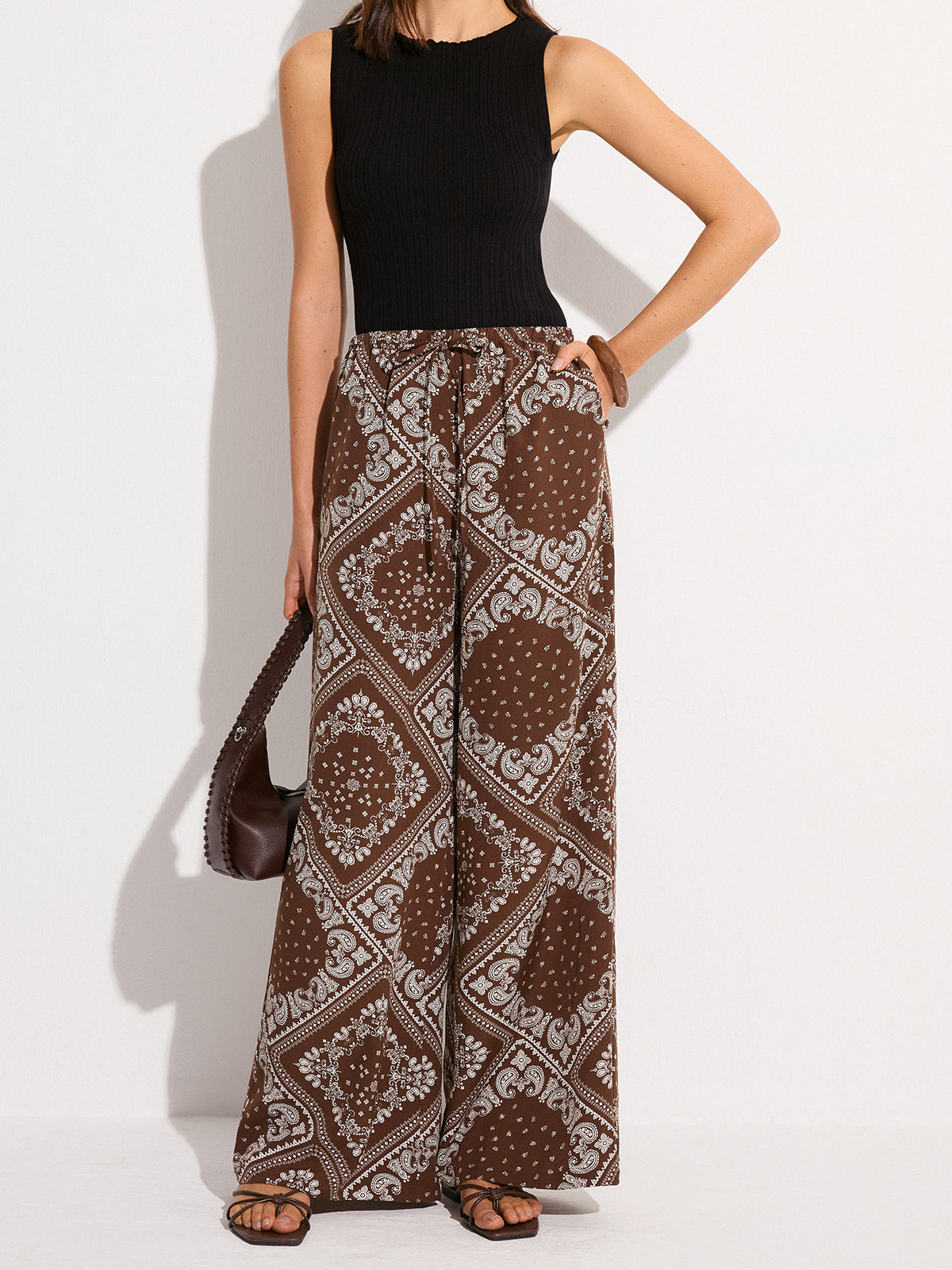 Paisley Print Pocketed Wide-Leg Pants-Chicvia