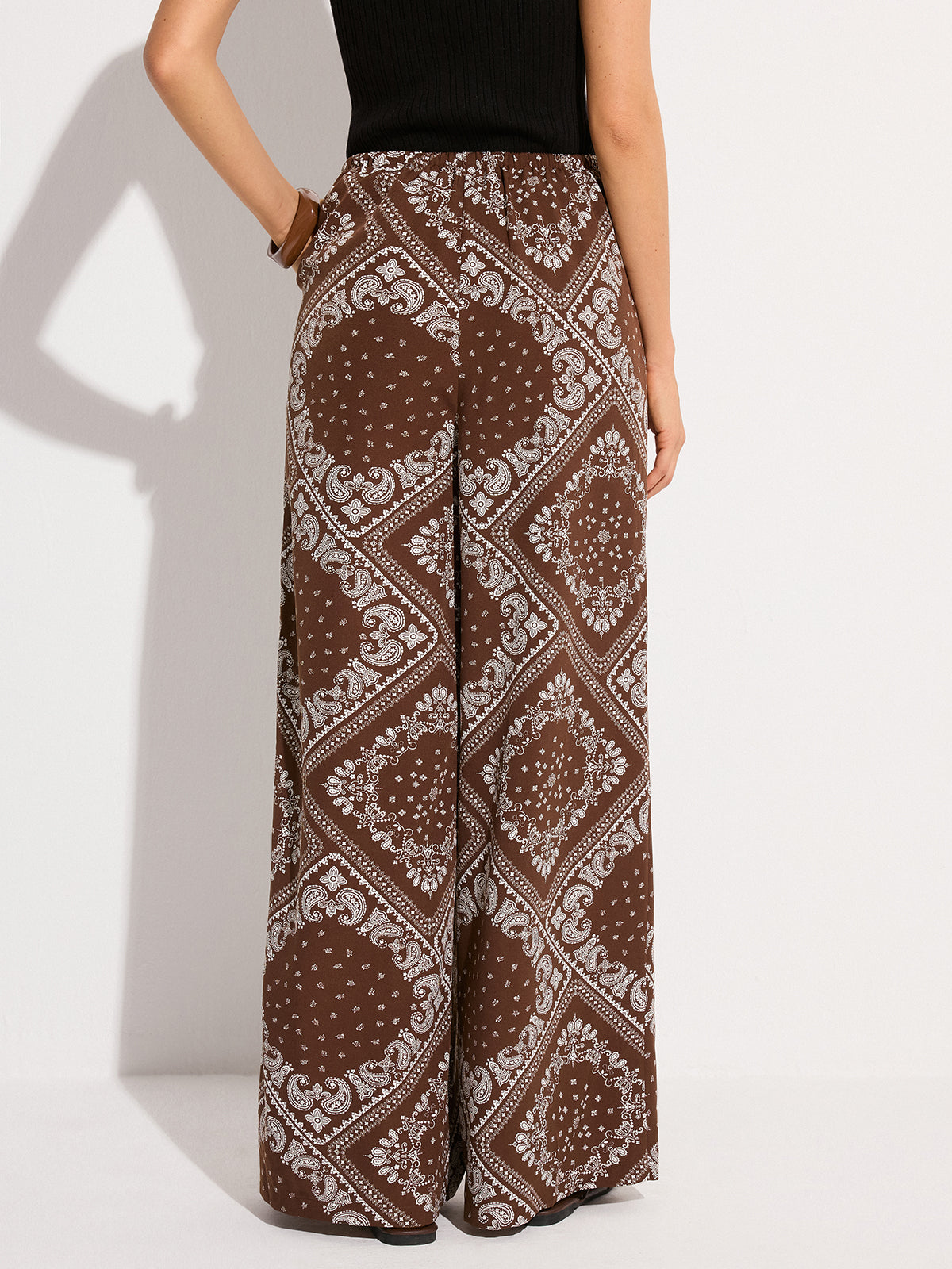 Paisley Print Pocketed Wide-Leg Pants-Chicvia