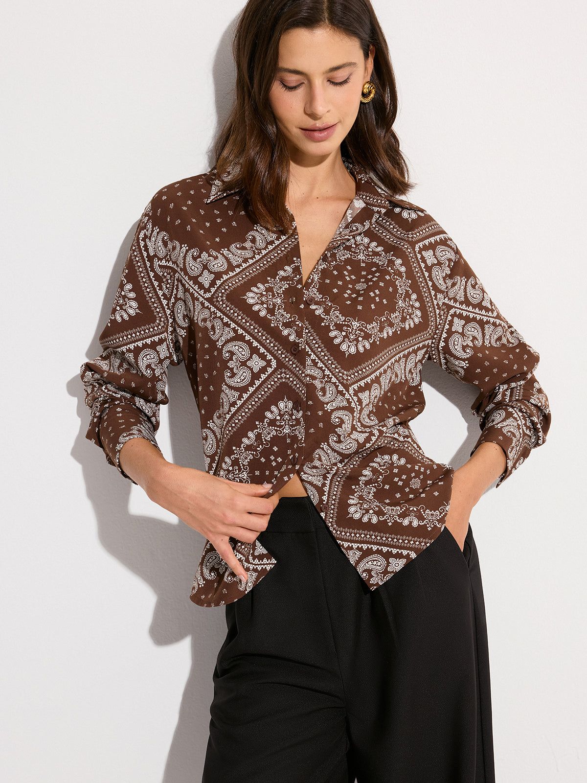 Paisley Print Oversized Shirt-Chicvia
