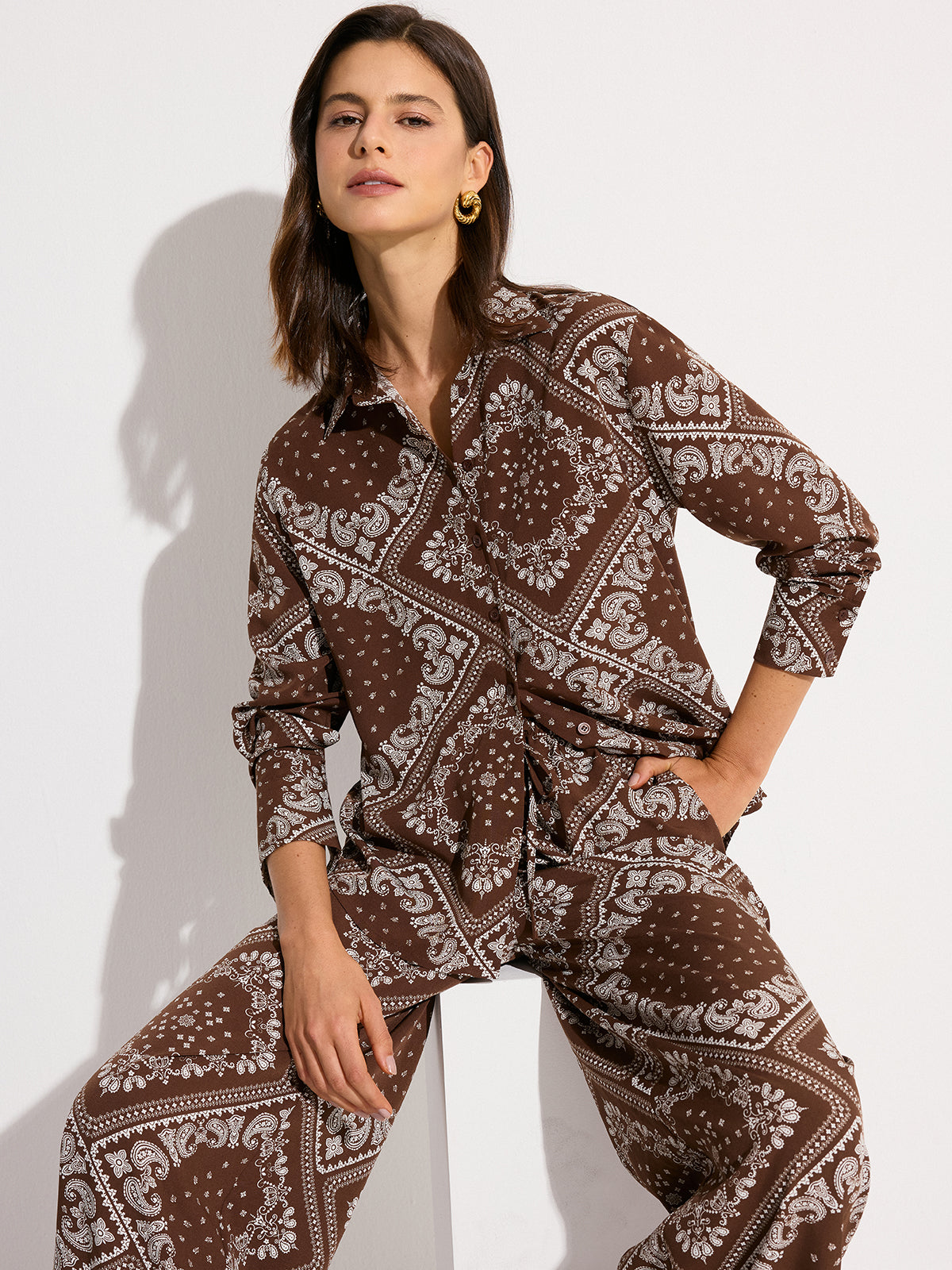 Paisley Print Oversized Shirt-Chicvia