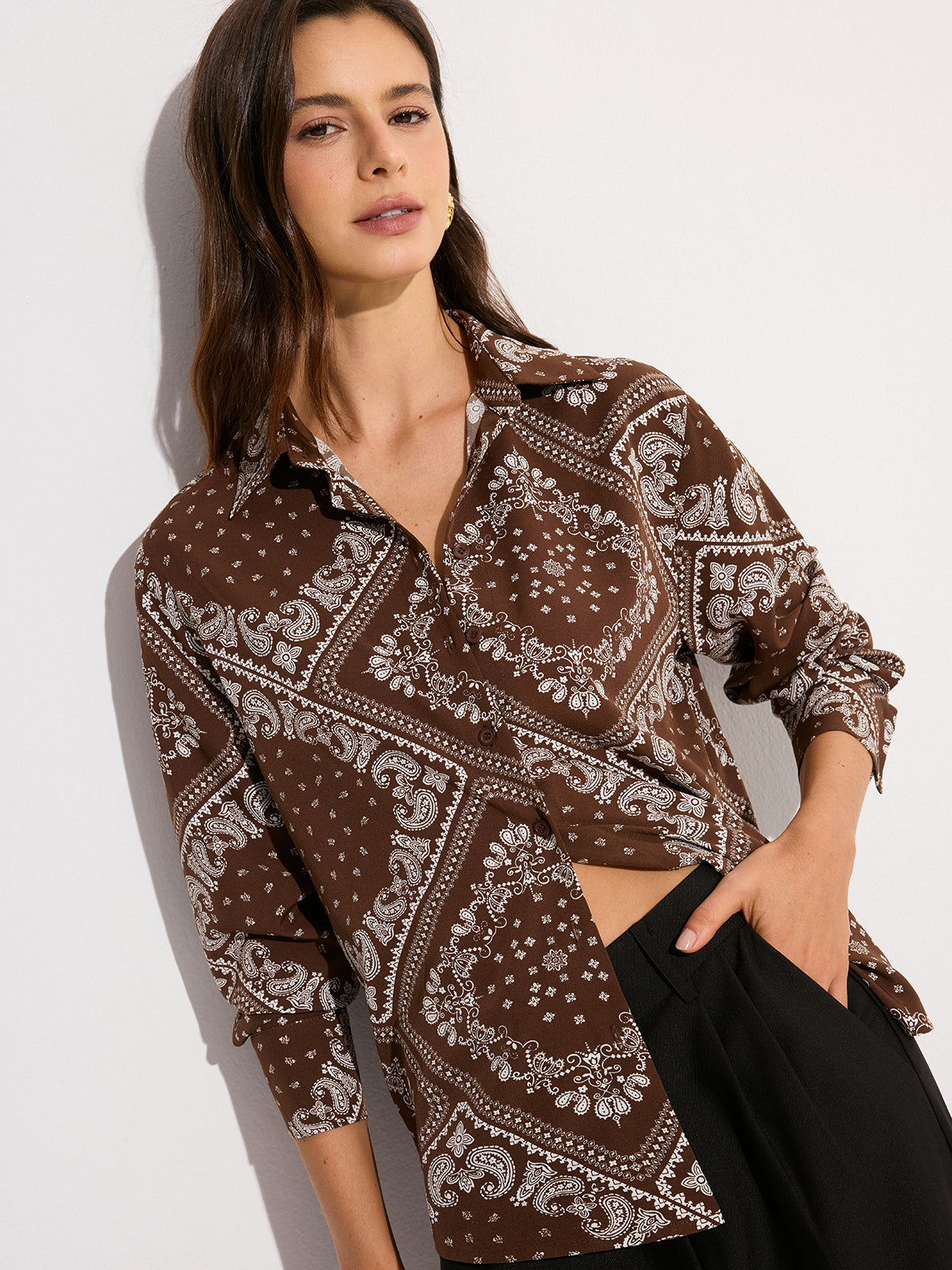 Paisley Print Oversized Shirt-Chicvia