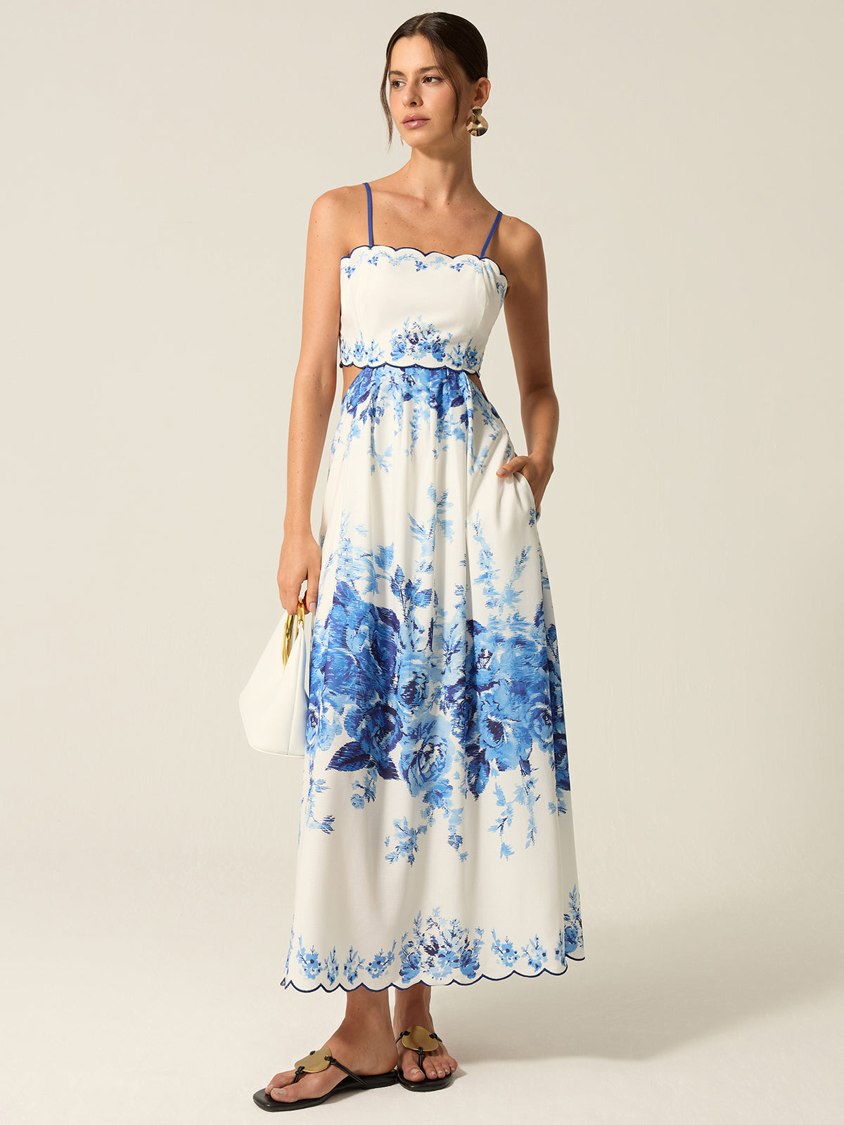 Pocketed Floral Print Cut-Out Maxi Dress-Chicvia