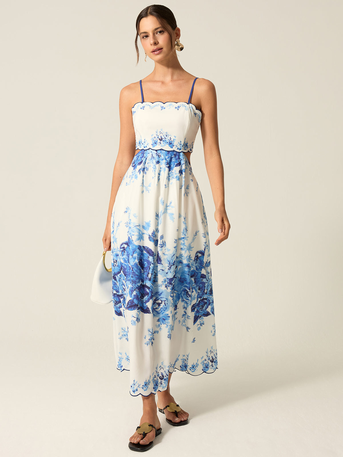 Pocketed Floral Print Cut-Out Maxi Dress-Chicvia
