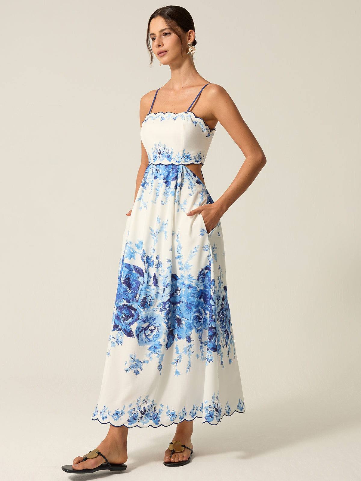 Pocketed Floral Print Cut-Out Maxi Dress-Chicvia