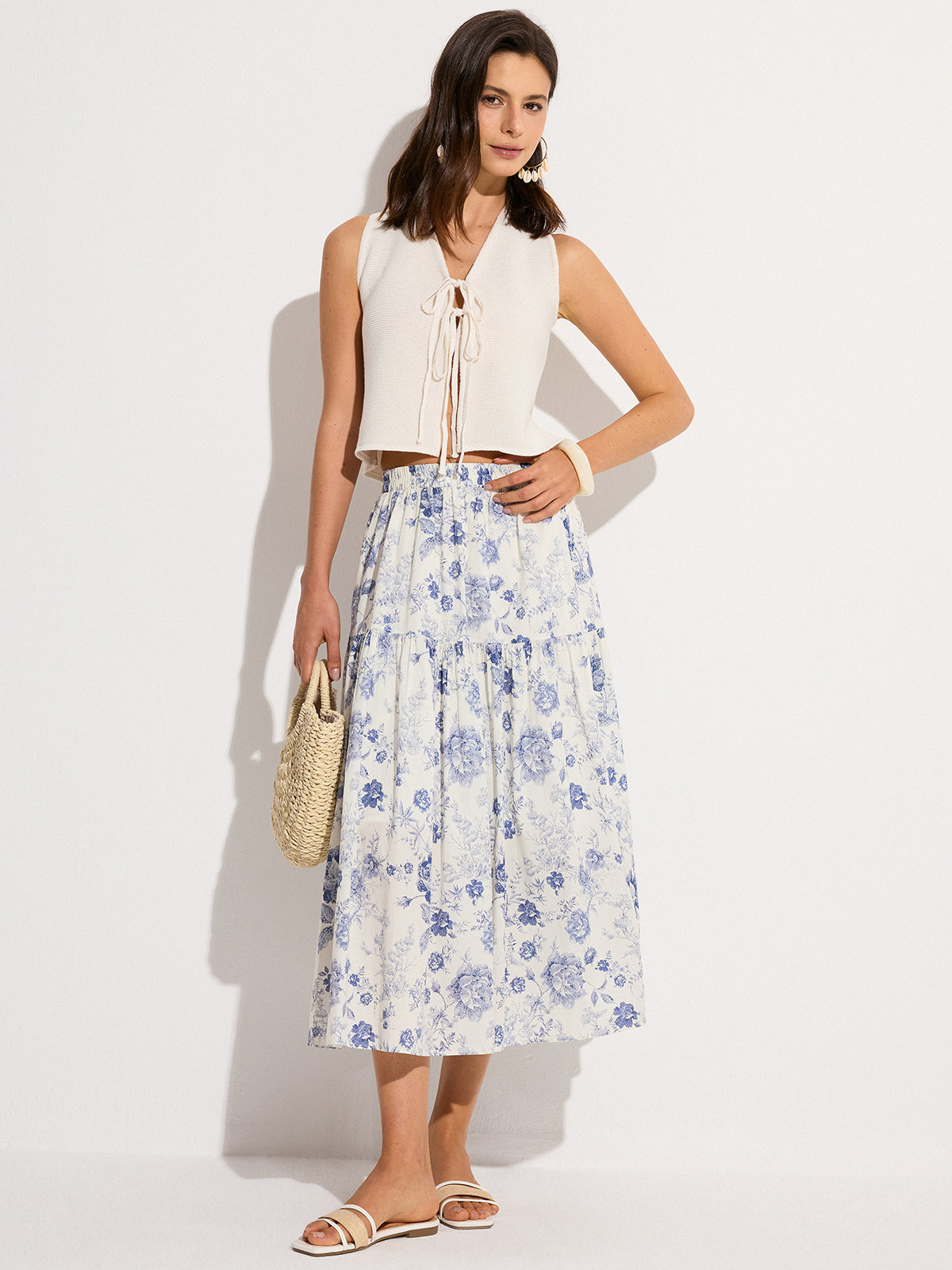 Floral Print Elastic Waist Midi Skirt-Chicvia