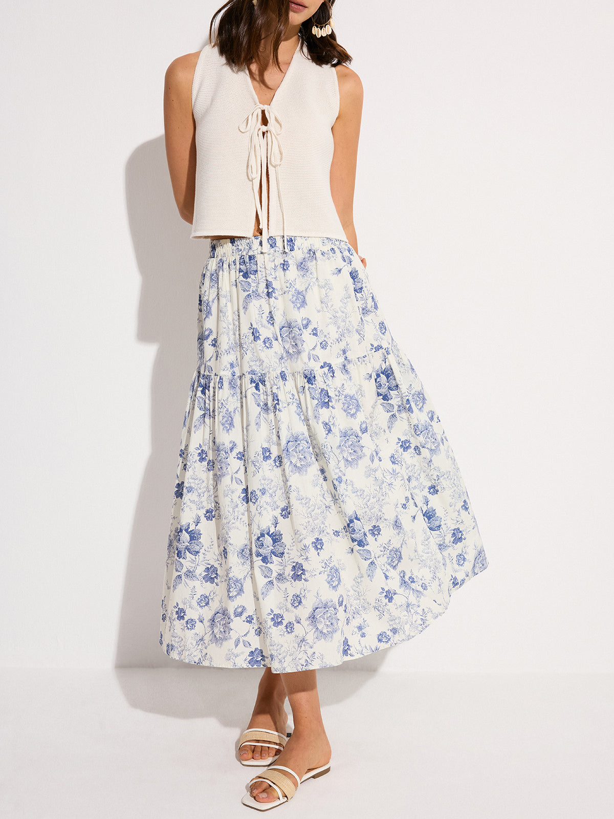 Floral Print Elastic Waist Midi Skirt-Chicvia