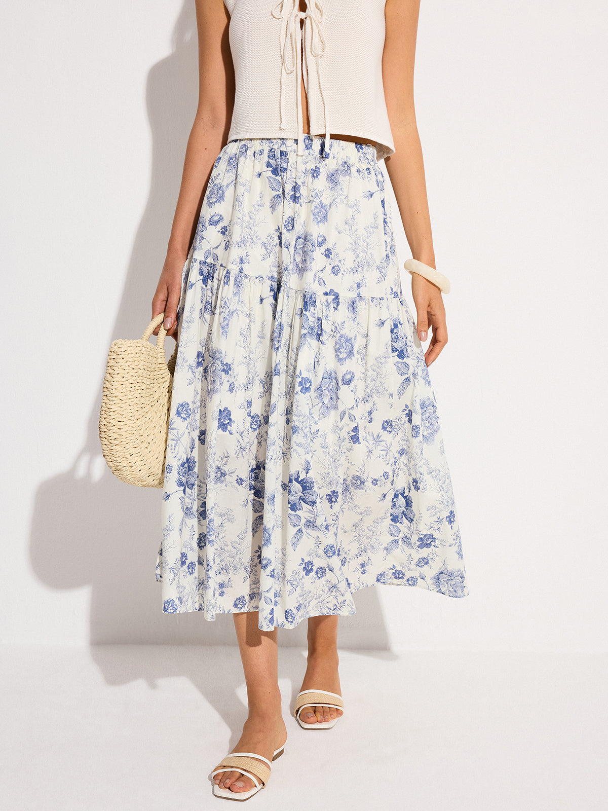 Floral Print Elastic Waist Midi Skirt-Chicvia