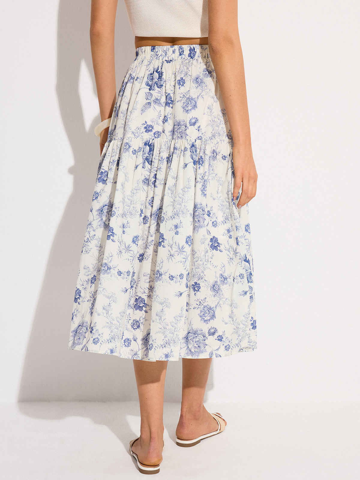Floral Print Elastic Waist Midi Skirt-Chicvia