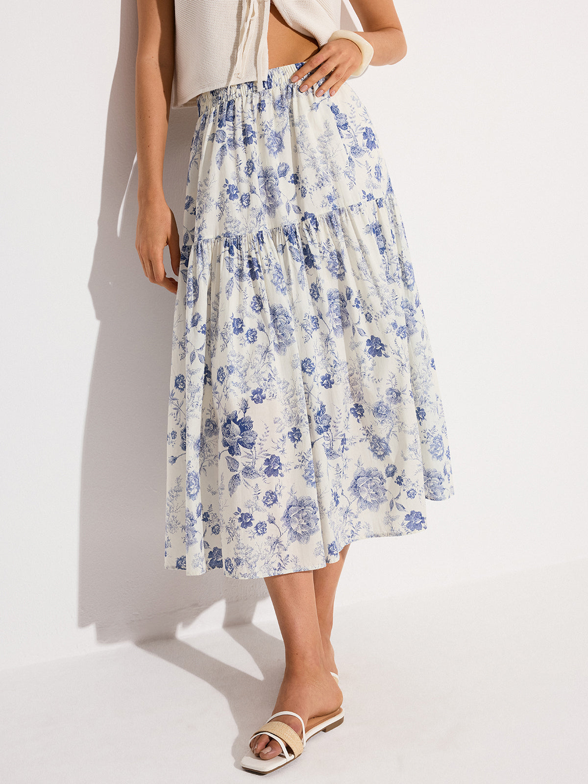 Floral Print Elastic Waist Midi Skirt-Chicvia