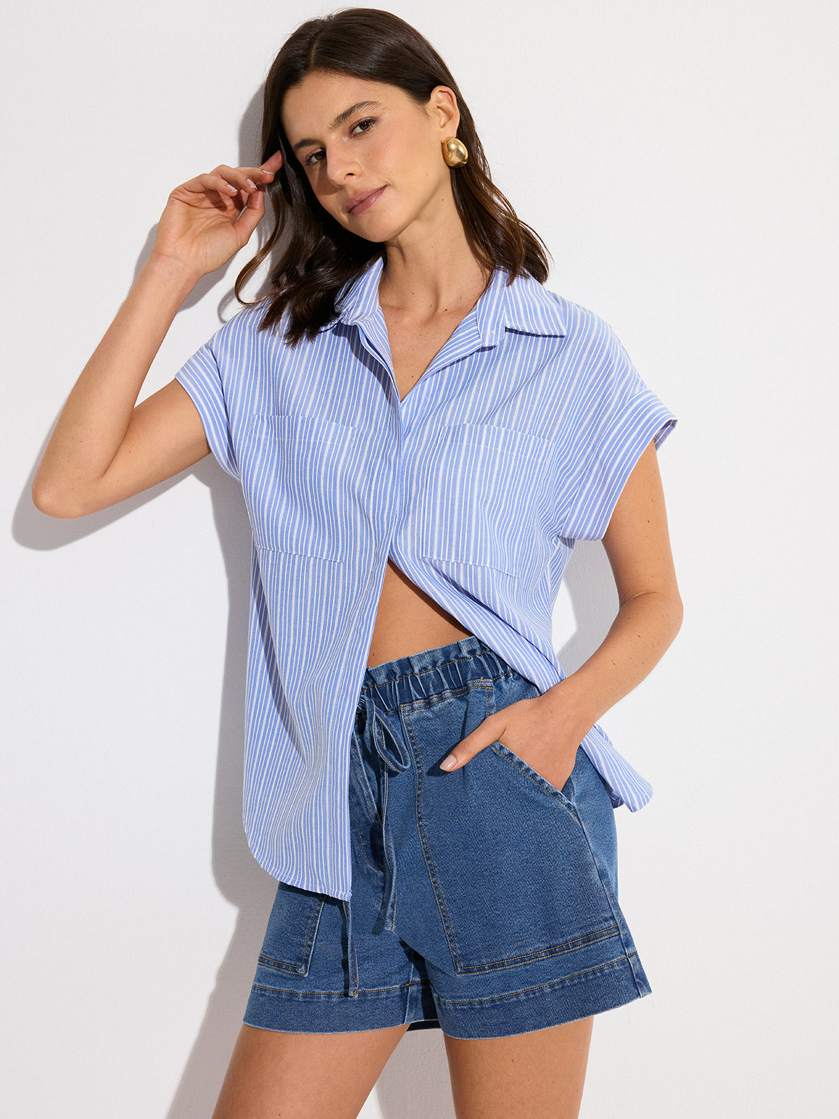 Pocketed Striped Oversized Shirt-Chicvia