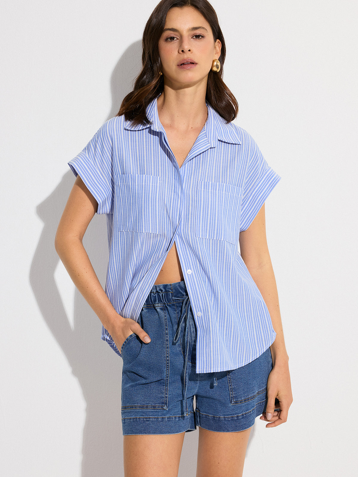 Pocketed Striped Oversized Shirt-Chicvia