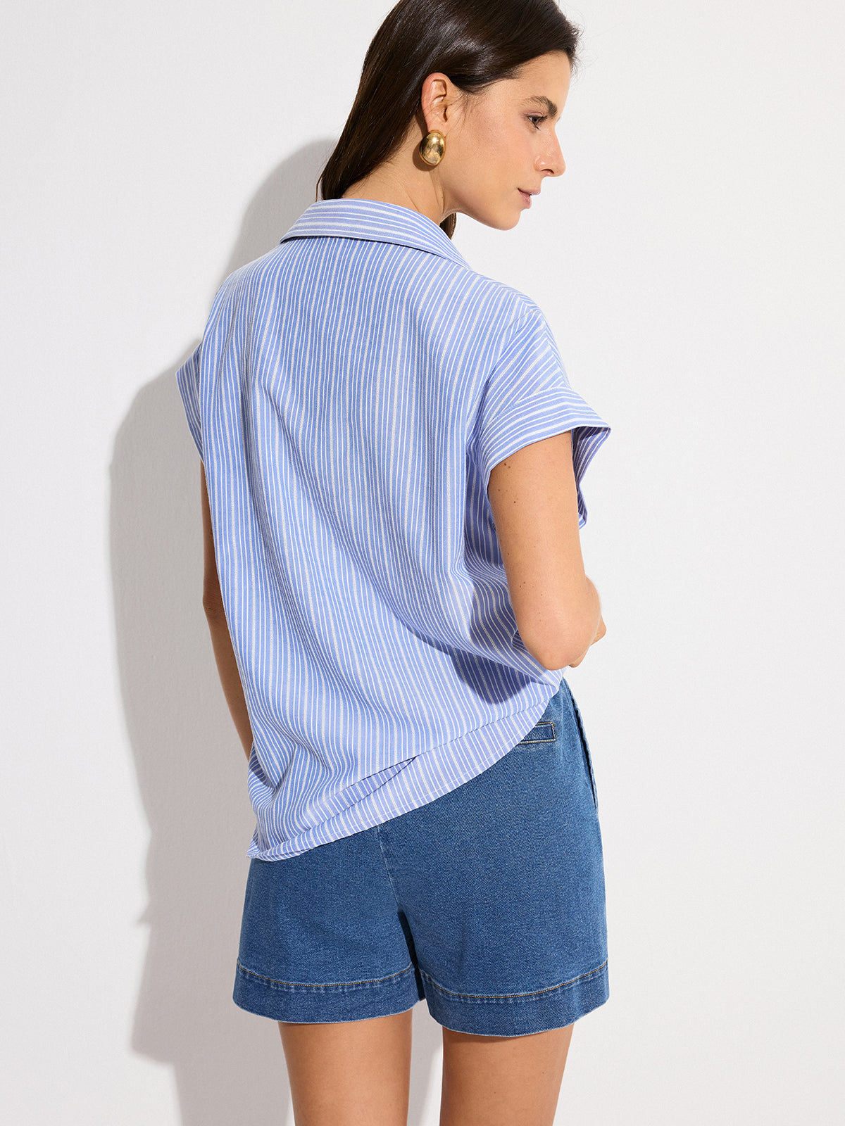 Pocketed Striped Oversized Shirt-Chicvia