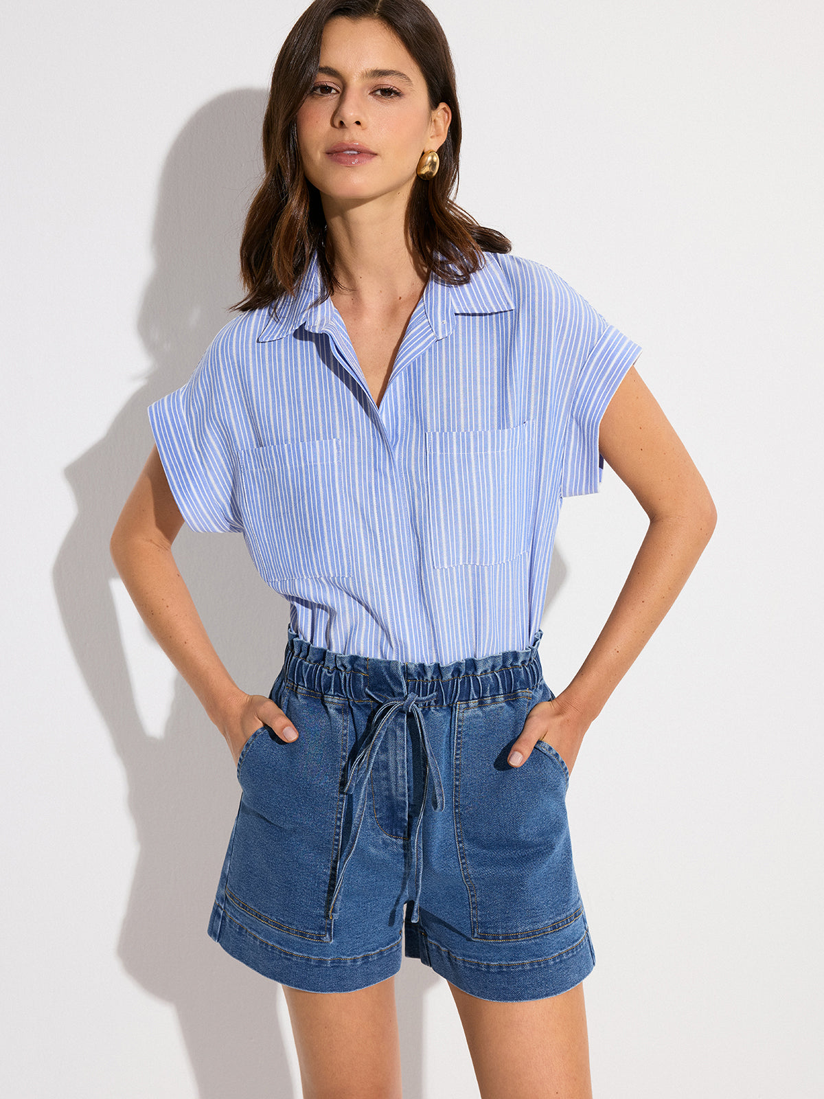 Pocketed Striped Oversized Shirt-Chicvia