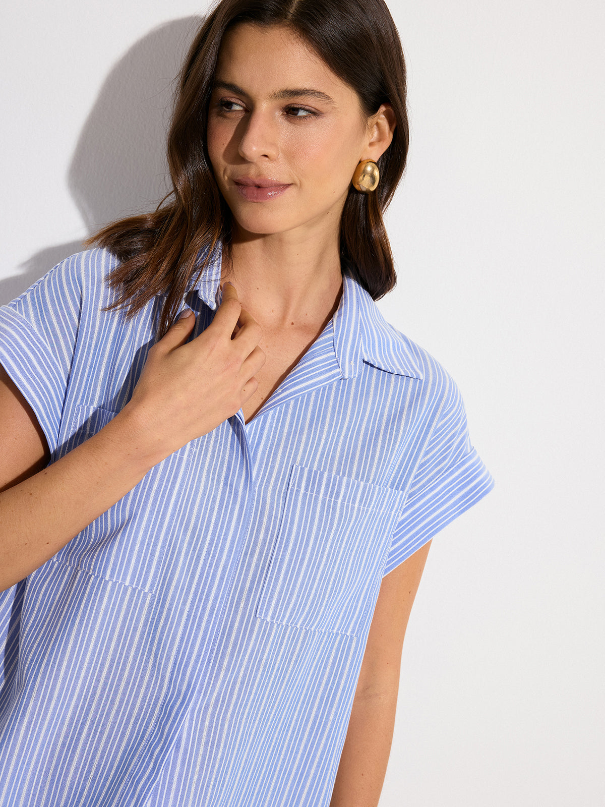 Pocketed Striped Oversized Shirt-Chicvia