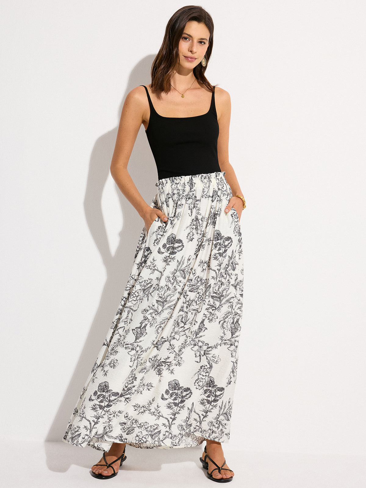 Pocketed Floral Print Maxi Skirt-Chicvia