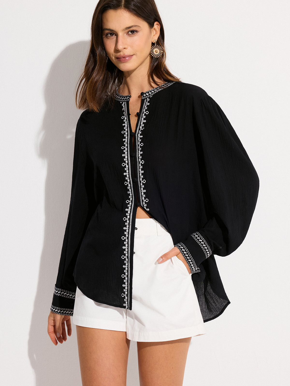 Oversized  Embroidered Trim Shirt-Chicvia