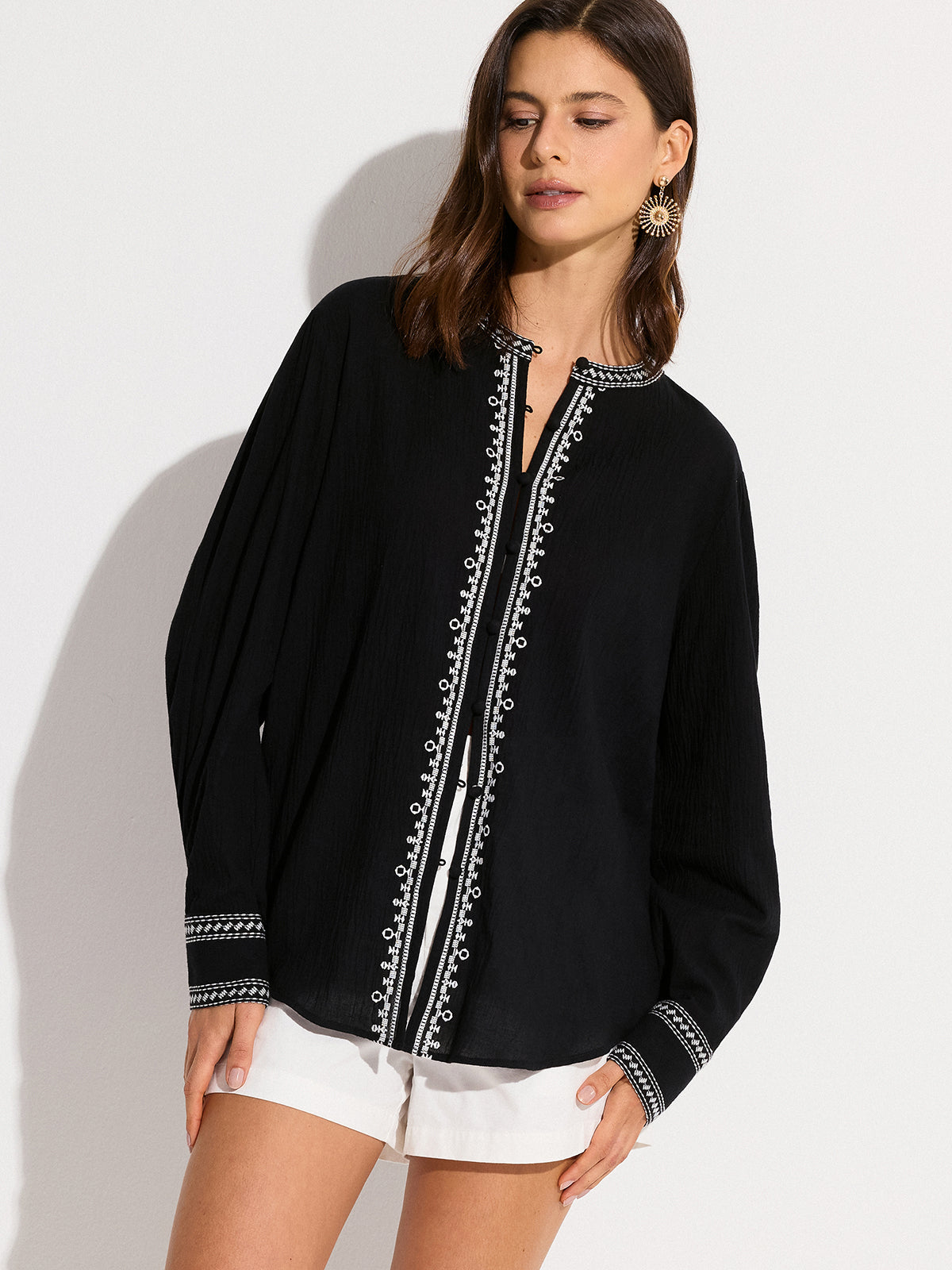 Oversized  Embroidered Trim Shirt-Chicvia