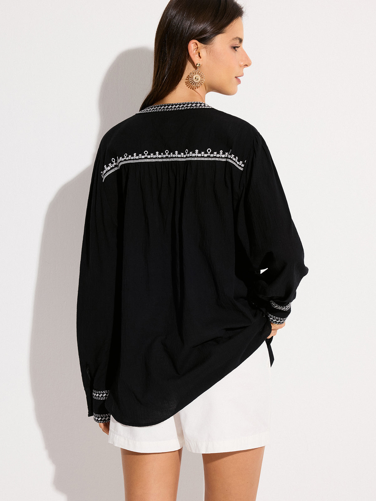Oversized  Embroidered Trim Shirt-Chicvia