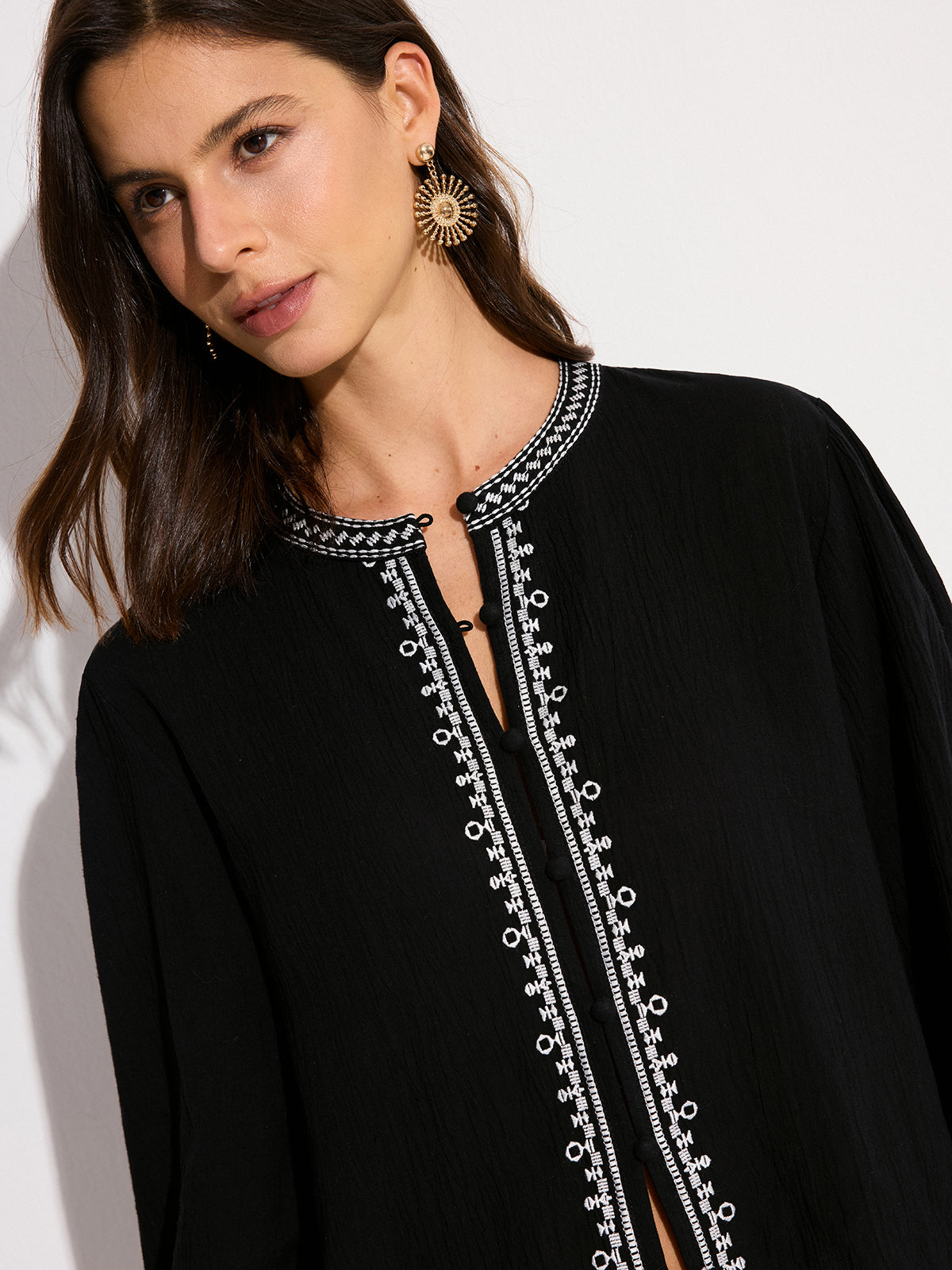 Oversized  Embroidered Trim Shirt-Chicvia