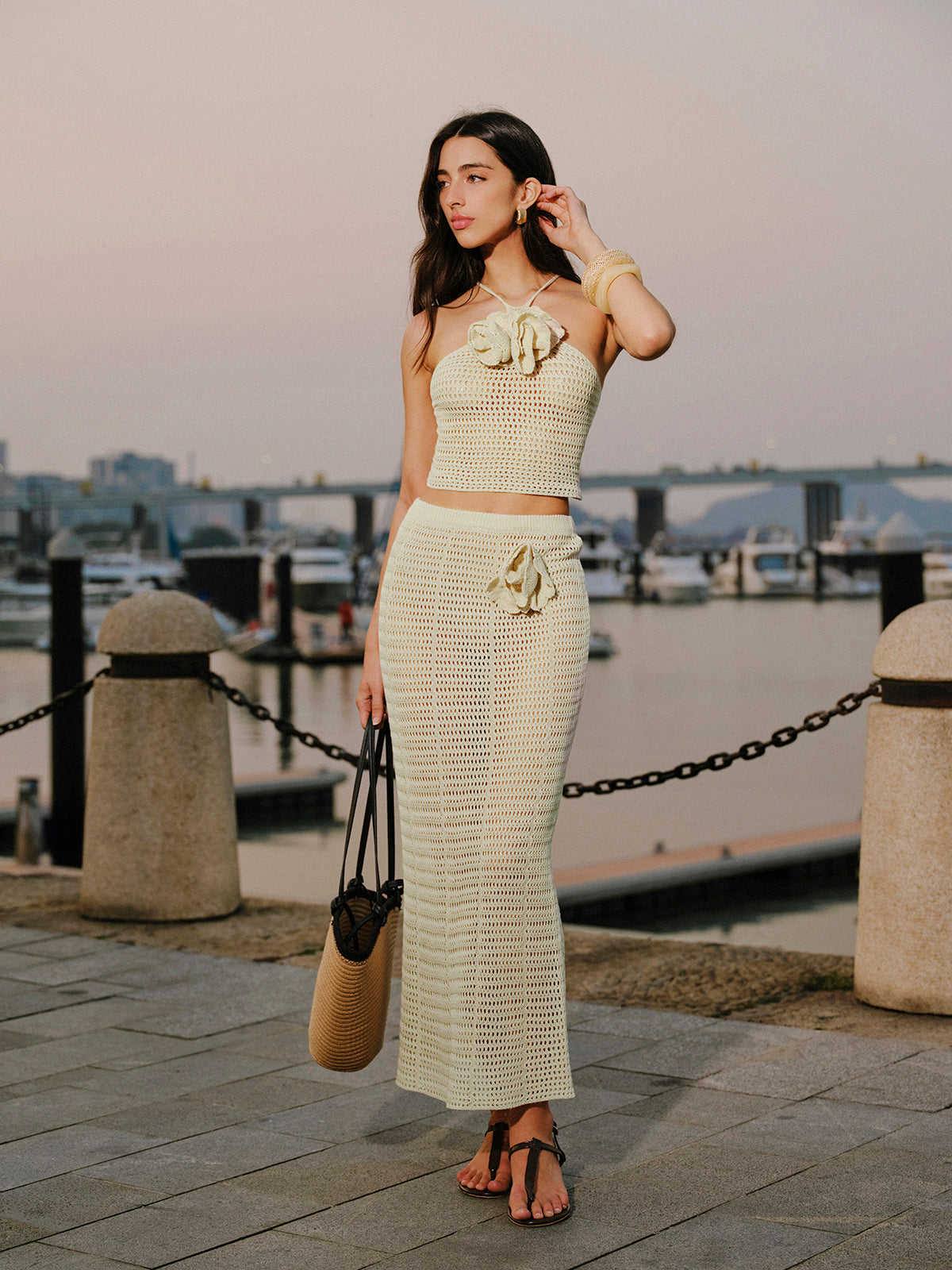 Knit Hollow Ditsy Floral Drawstring Skirt Set-Chicvia