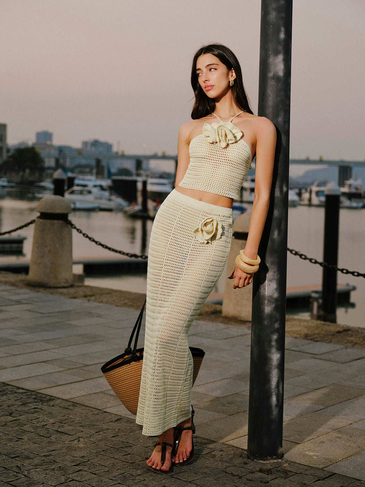 Knit Hollow Ditsy Floral Drawstring Skirt Set-Chicvia