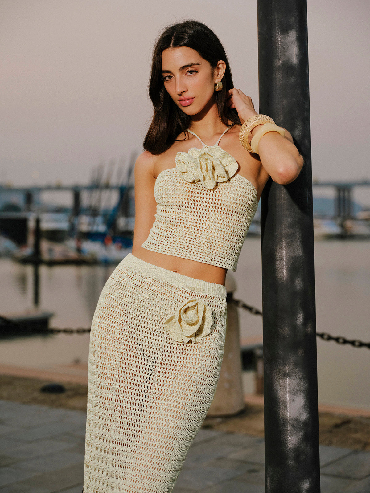 Knit Hollow Ditsy Floral Drawstring Skirt Set-Chicvia