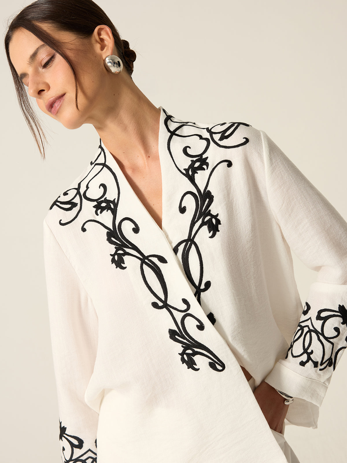 Embroidered Cotton & Linen Blouse-Chicvia
