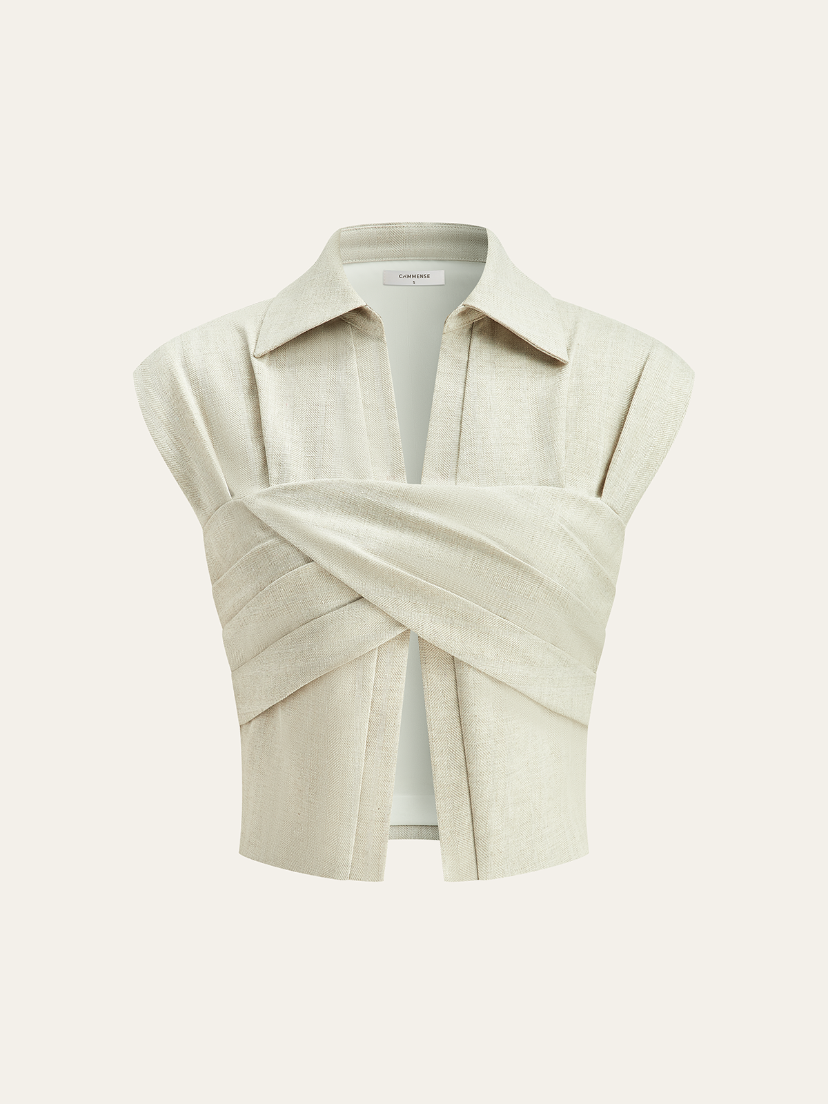 Linen Blend Cropped Blouse with Cross Wrap Detail-Chicvia