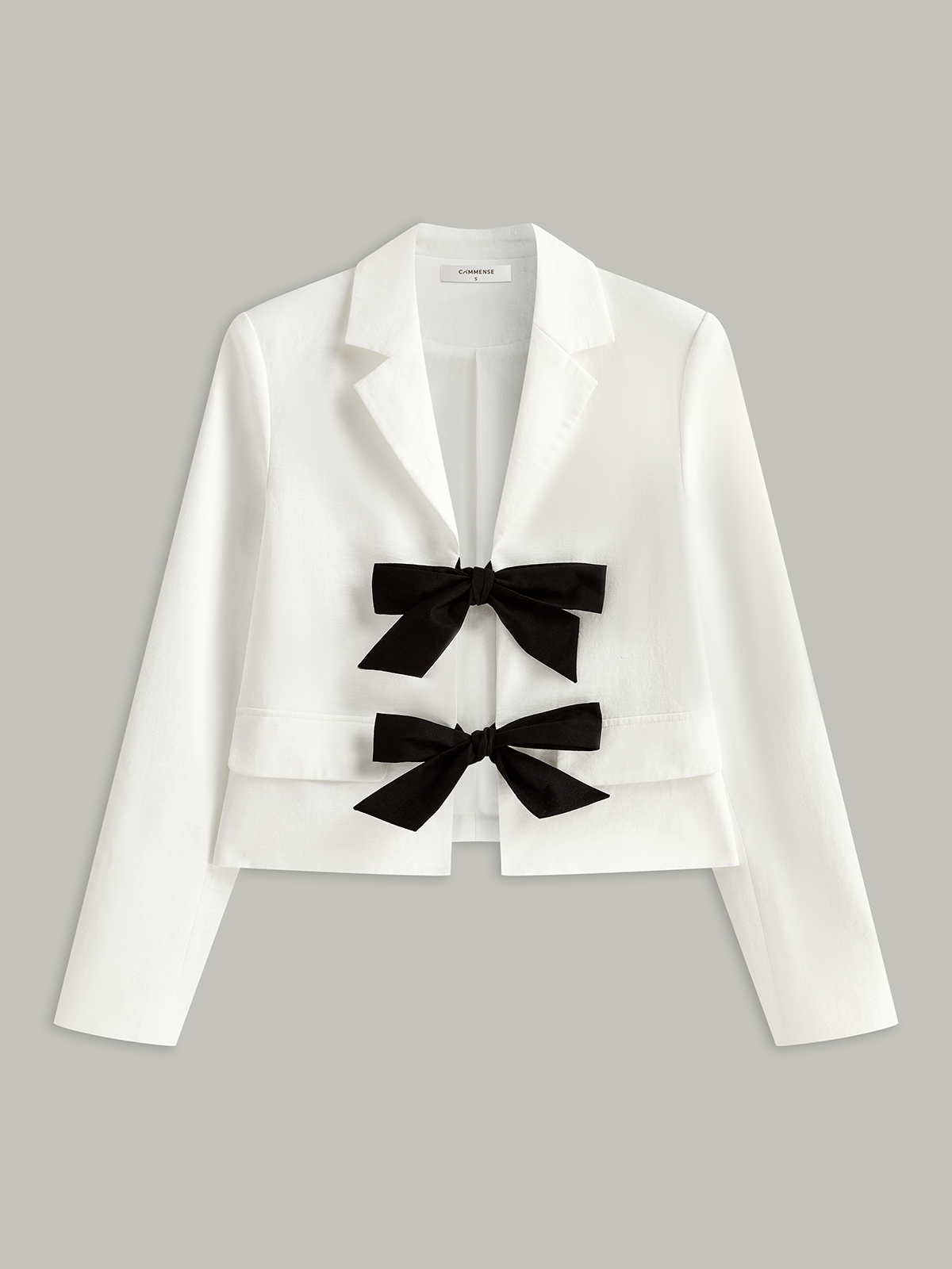 Cotton & Linen Cropped Blazer with Bow-Chicvia