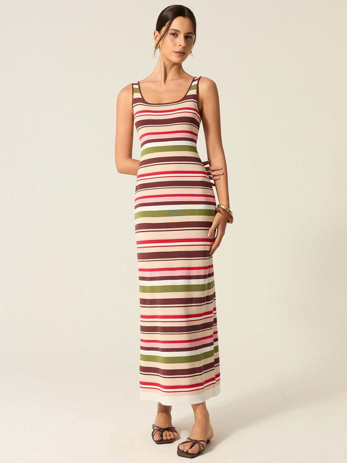 Color-Block Striped Maxi Dress-Chicvia