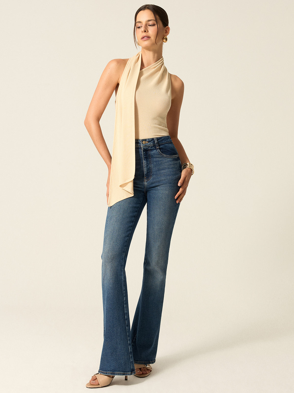 Halter Backless Top with Draped Scarf Detail-Chicvia