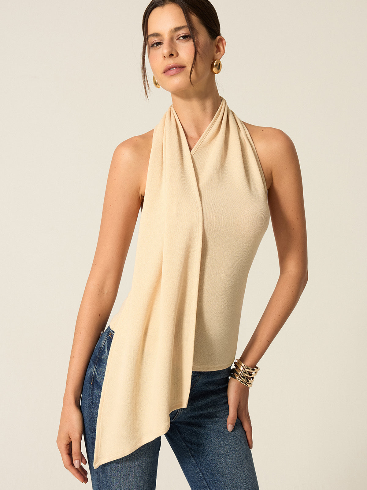 Halter Backless Top with Draped Scarf Detail-Chicvia