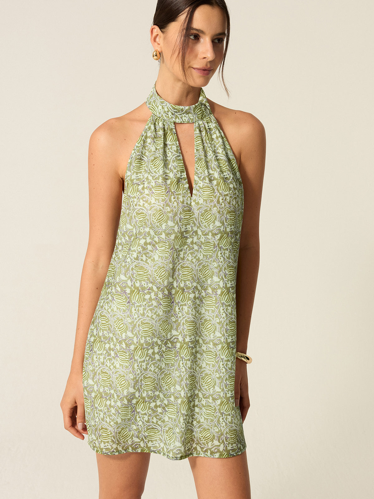 Halter Neck Cut-Out Printed Mini Dress-Chicvia