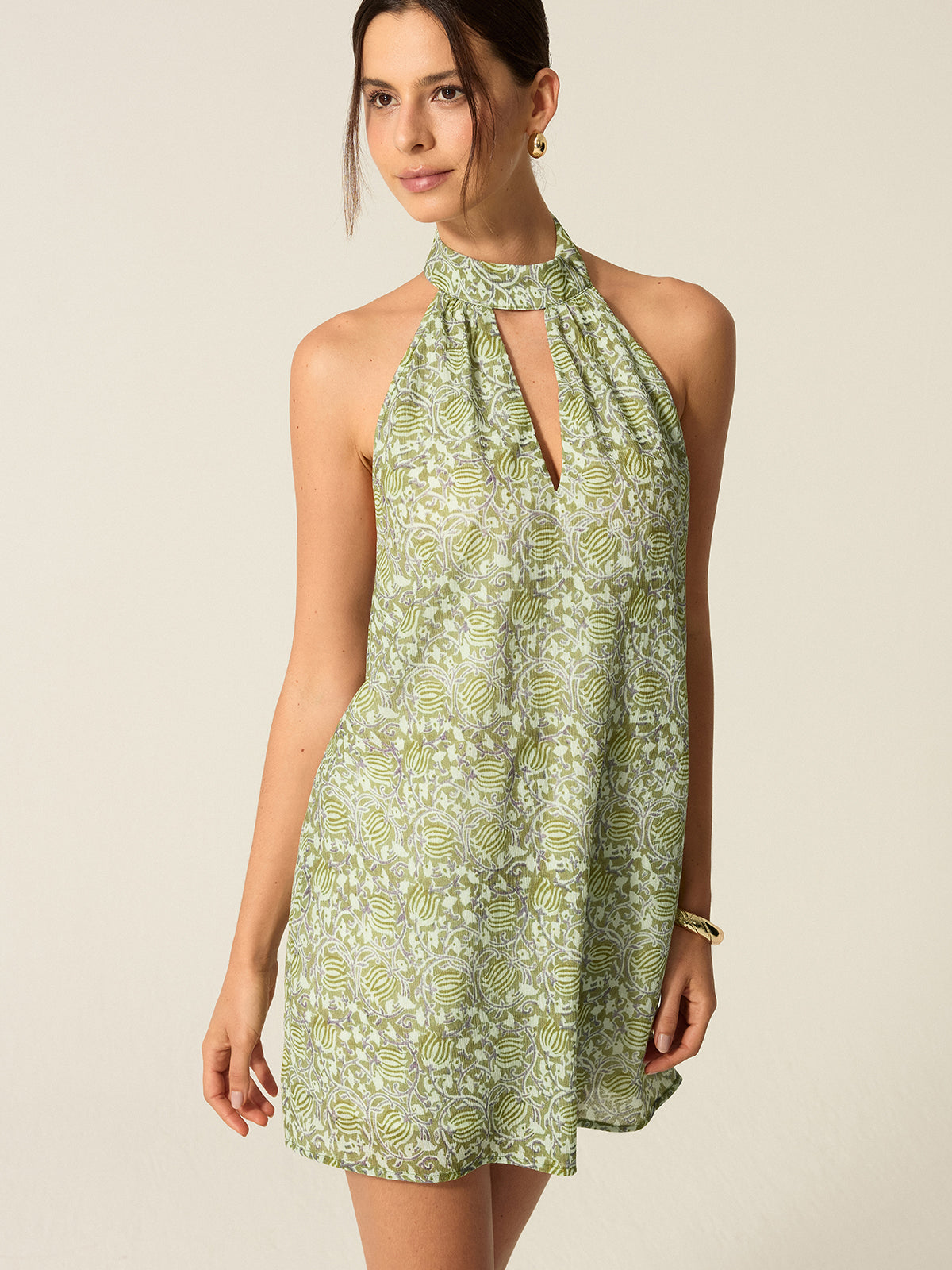 Halter Neck Cut-Out Printed Mini Dress-Chicvia