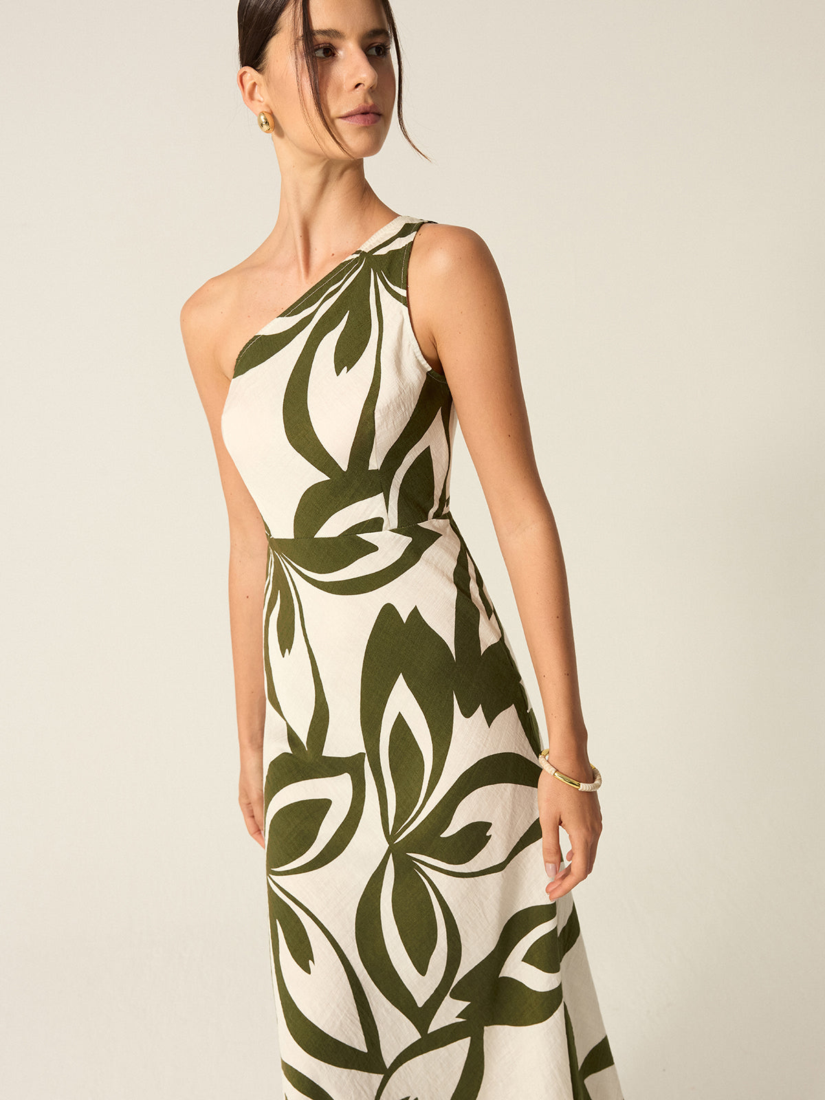 One-Shoulder Printed Midi Dress-Chicvia