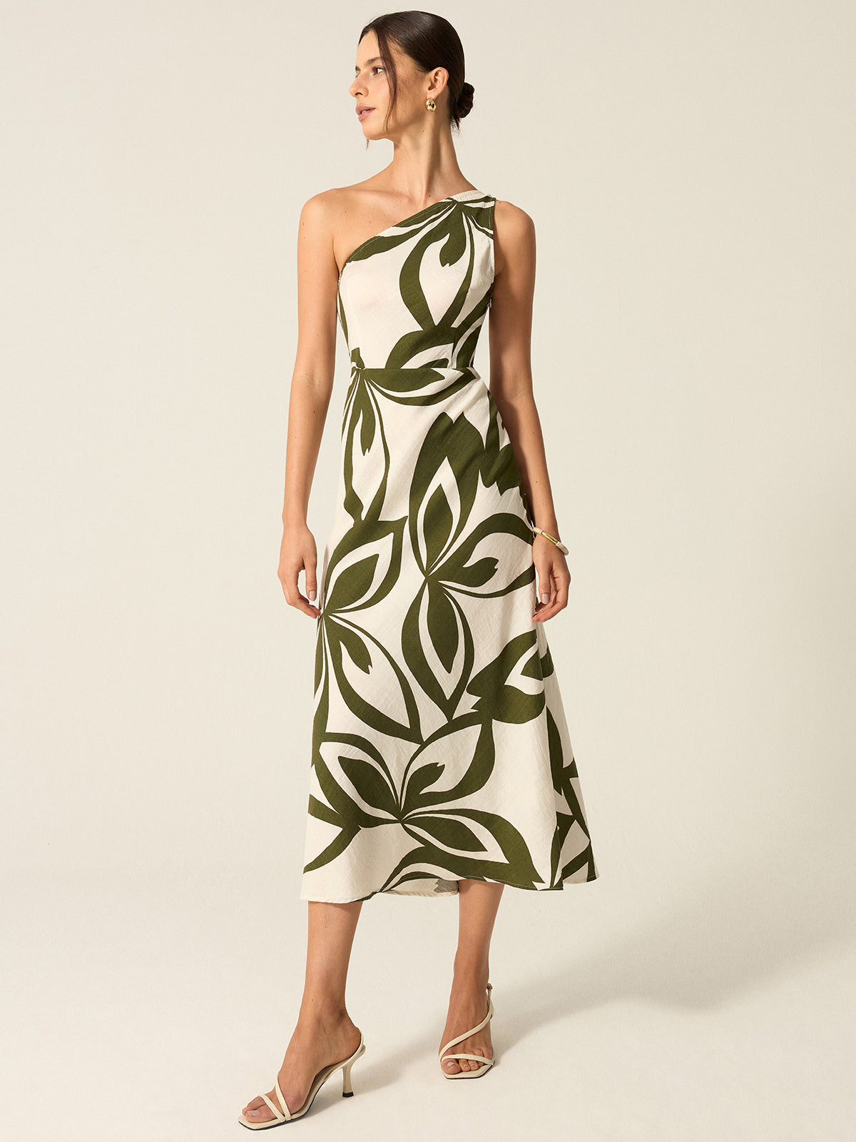 One-Shoulder Printed Midi Dress-Chicvia
