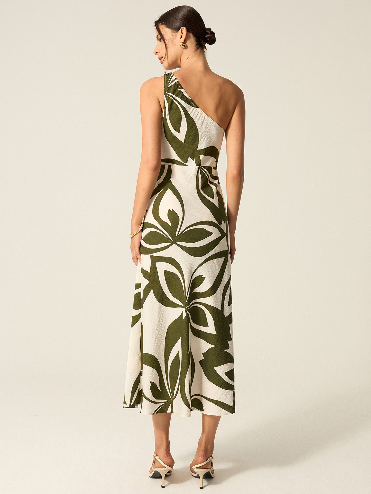 One-Shoulder Printed Midi Dress-Chicvia