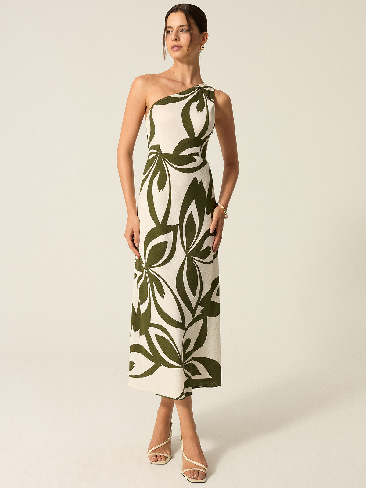 One-Shoulder Printed Midi Dress-Chicvia