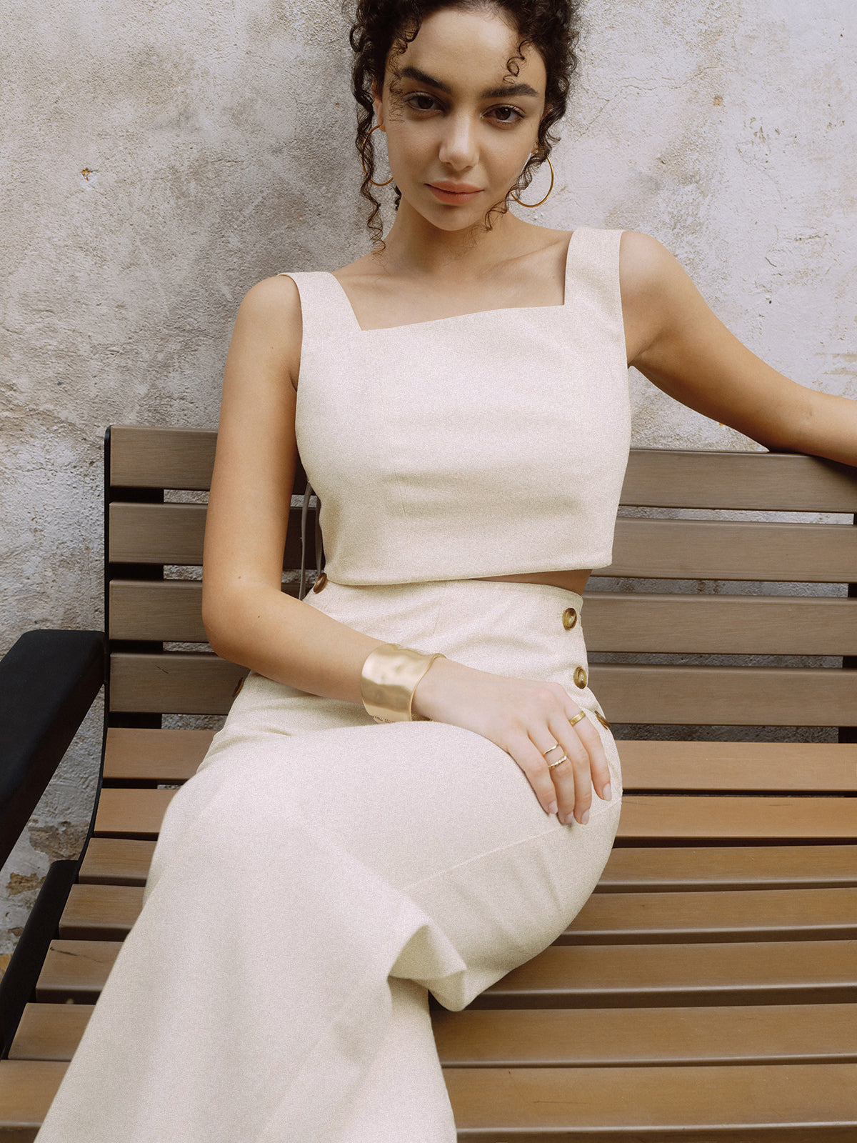 Cotton & Linen Button Decor Tank Top With Straight Leg Pants Set-Chicvia