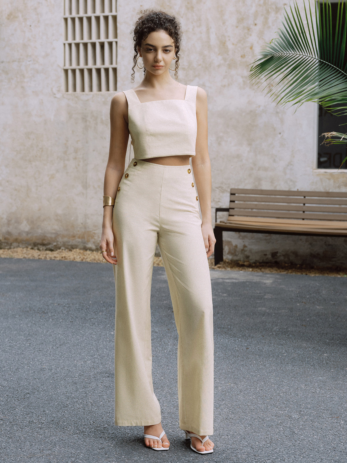 Cotton & Linen Button Decor Tank Top With Straight Leg Pants Set-Chicvia